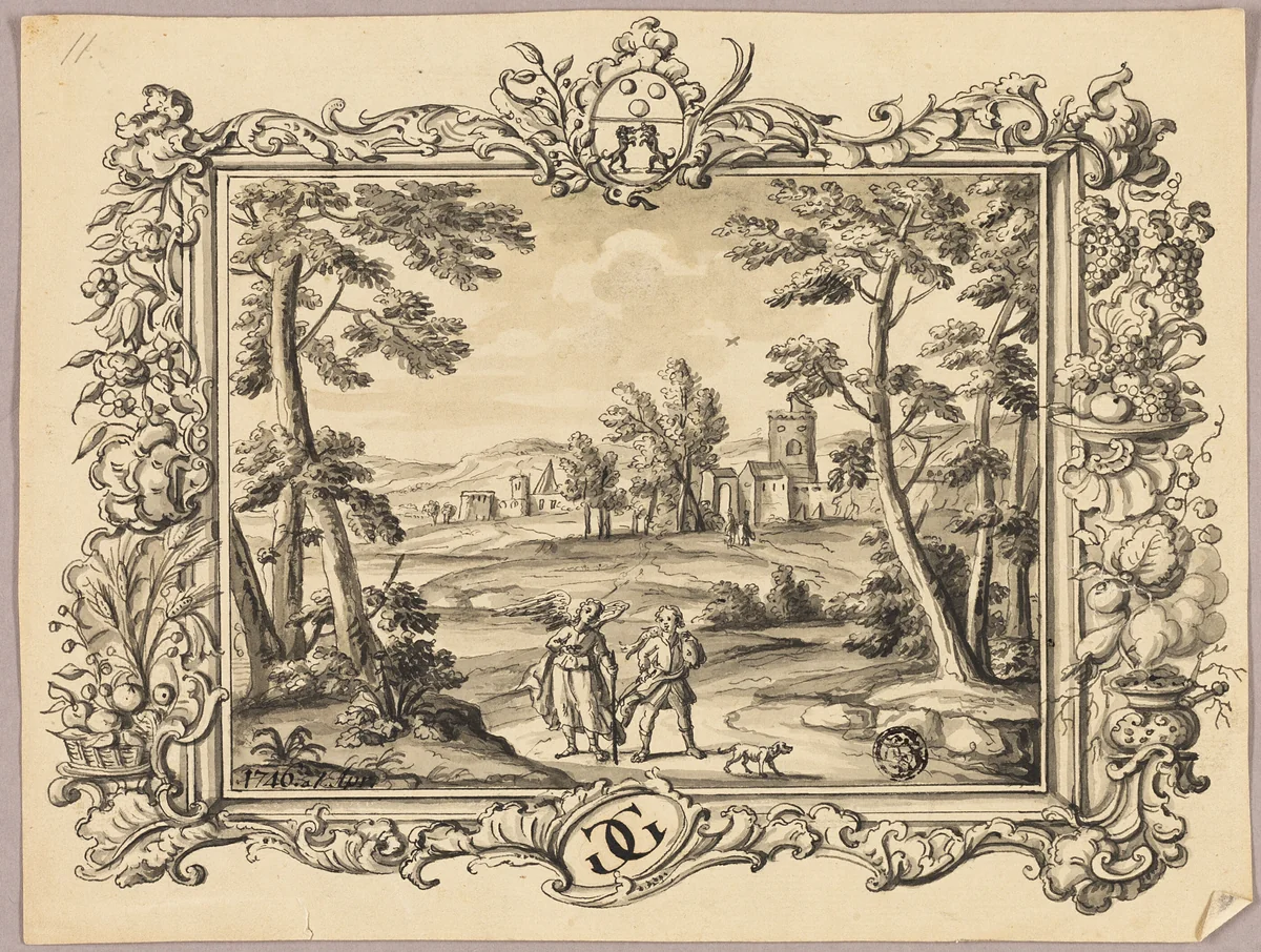 Vignette of Tobias and the Angel by Henry Fuseli, drawing, 1600-1746