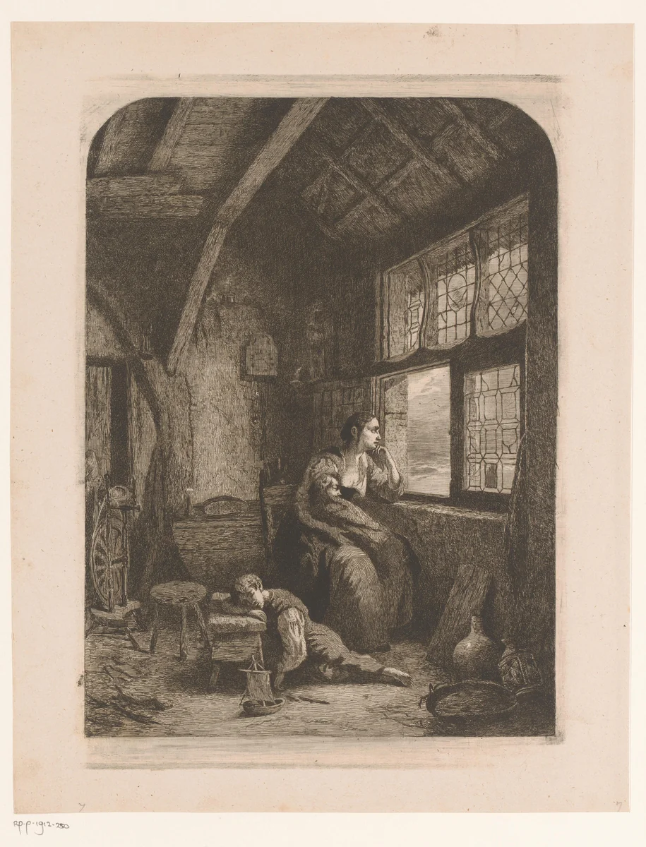 Vrouw met twee slapende kinderen wachtend bij een open raam by Willem Linnig, print, 1856