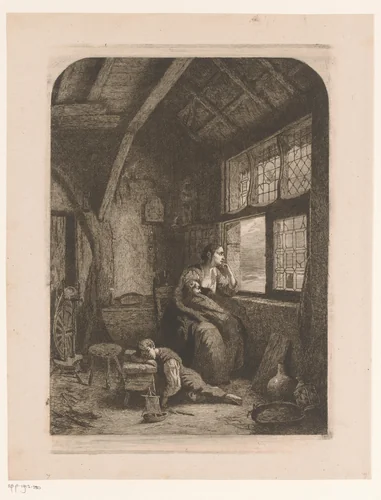 Vrouw met twee slapende kinderen wachtend bij een open raam by Willem Linnig, print, 1856