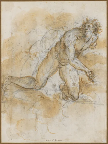Studies of a kneeling man (recto); Study of a standing man at right, and small scene of a kneeling figure in an interior, probably the Virgin in the Annunciation (verso) by Francesco Maffei, drawing, 1645-1655