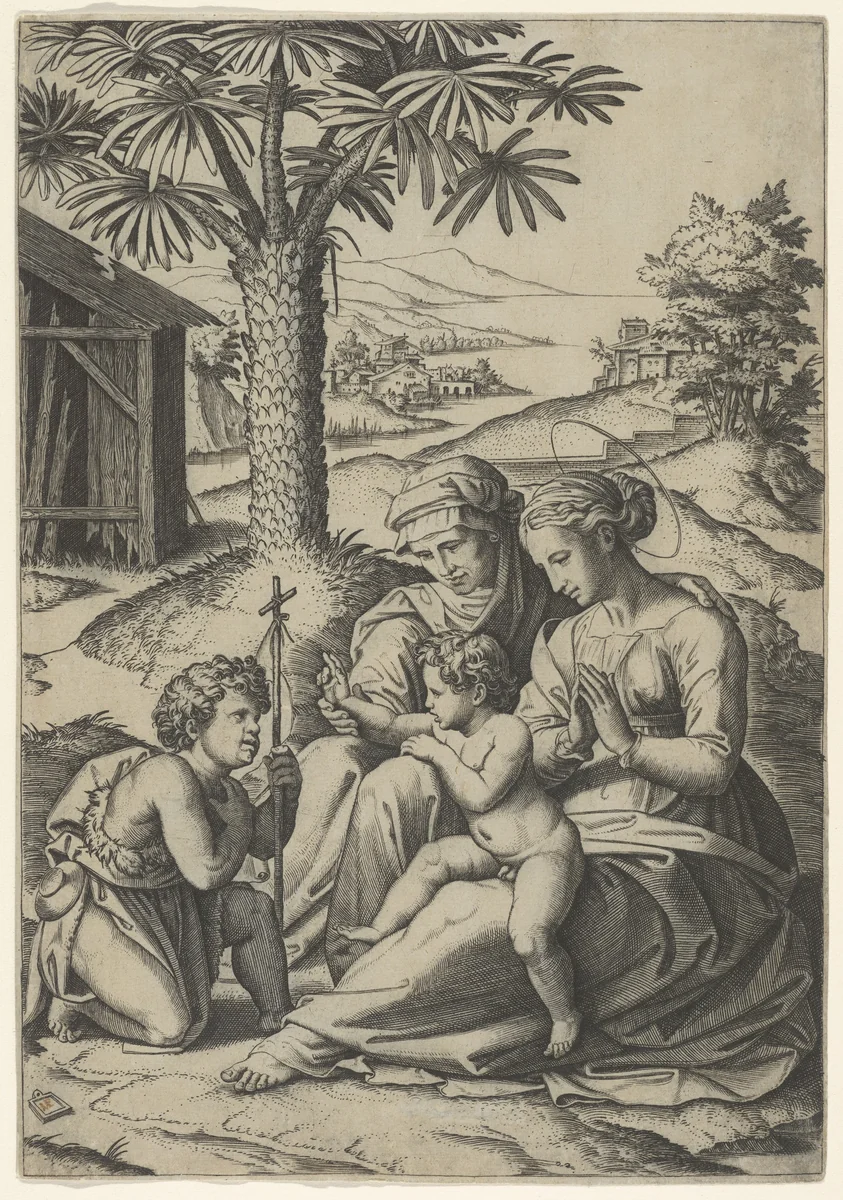 The Virgin and Child with St. Elizabeth and John the Baptist, called 'The Virgin of the Palm Tree' by Marcantonio Raimondi, print, 1500-1534