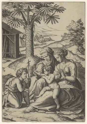 The Virgin and Child with St. Elizabeth and John the Baptist, called 'The Virgin of the Palm Tree' by Marcantonio Raimondi, print, 1500-1534