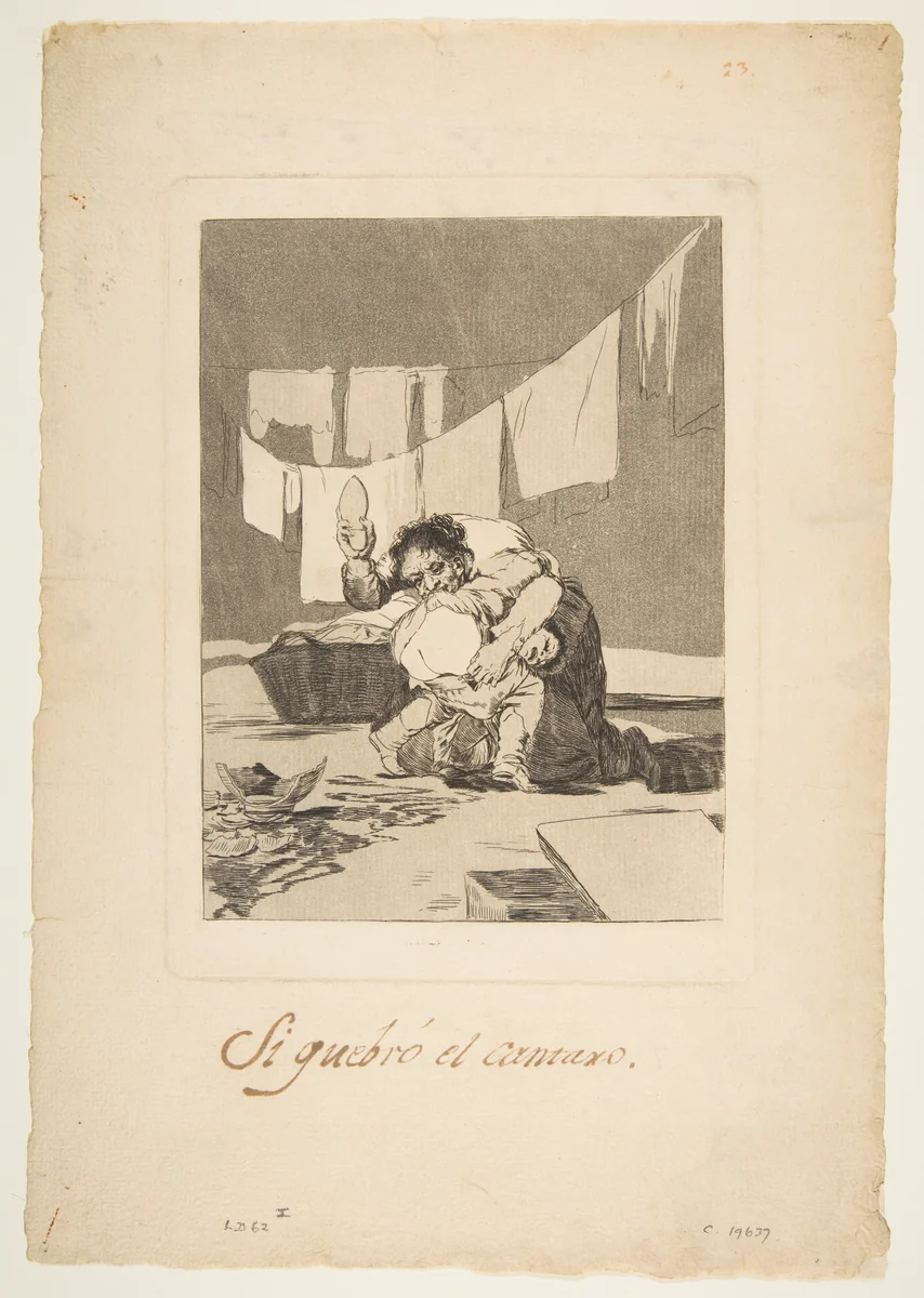 Plate 25 from 'Los Caprichos': If he broke the pot (Si quebró el cantaro.) by Goya, print, 1792-1802