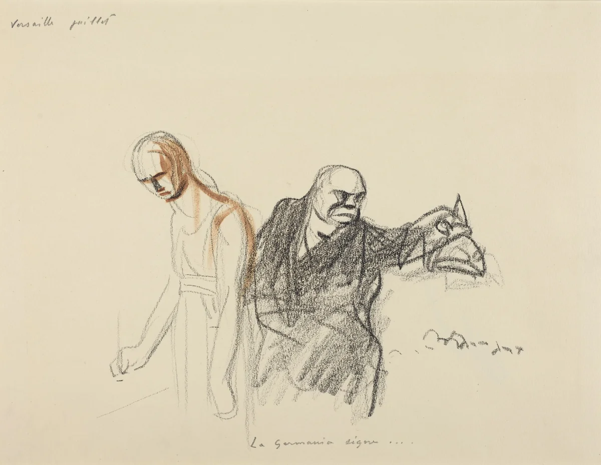 a) Versailles juillet. La Germania signe... (recto); b) Sketch for Figure of Germania (verso) by Jean-Louis Forain, drawing, 1919
