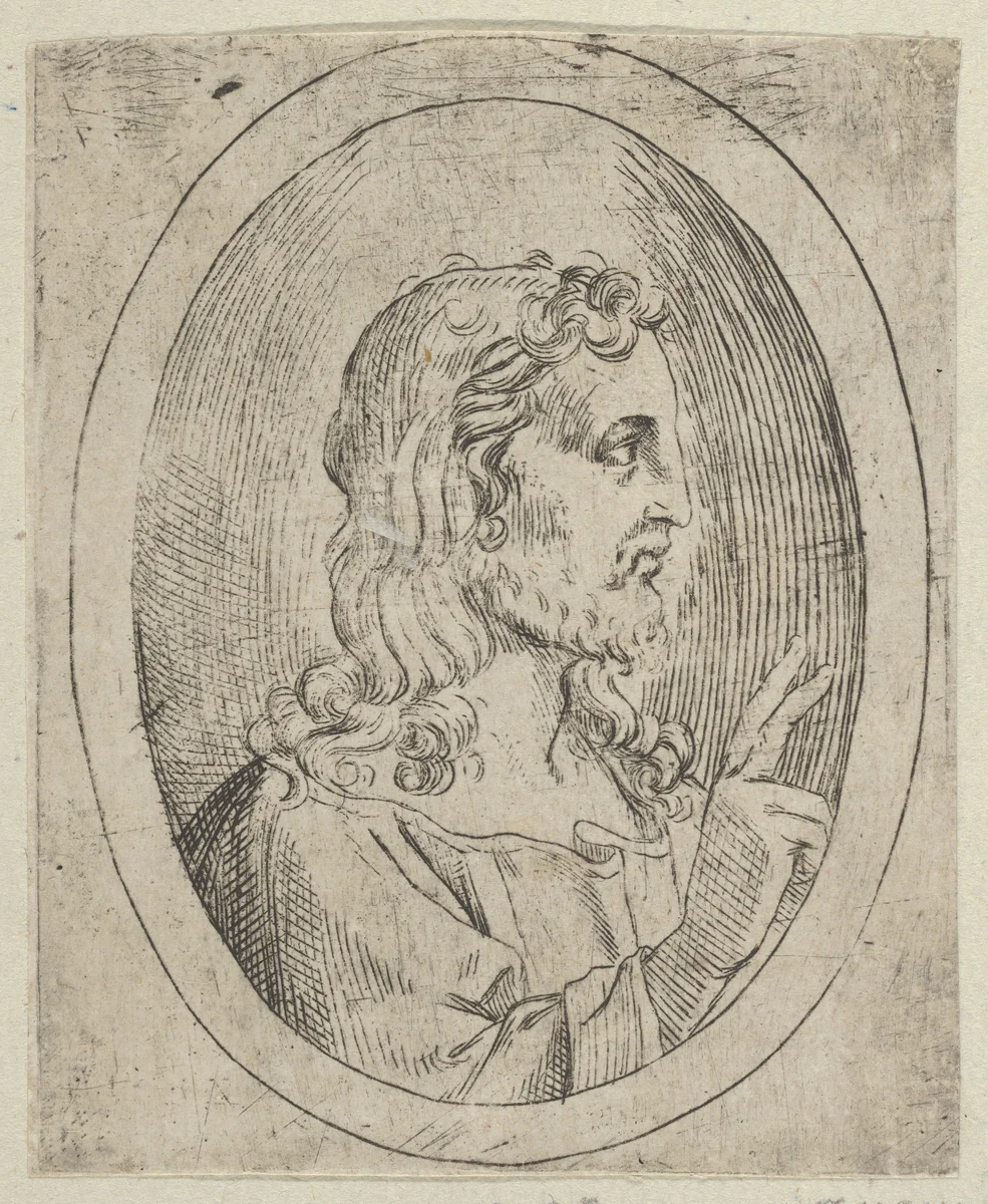 Christ seen in profile facing right, making the sign of blessing with his right hand, in an oval frame, from "Christ, the Virgin, and Thirteen Apostles" by anonymous, print, 1595-1645