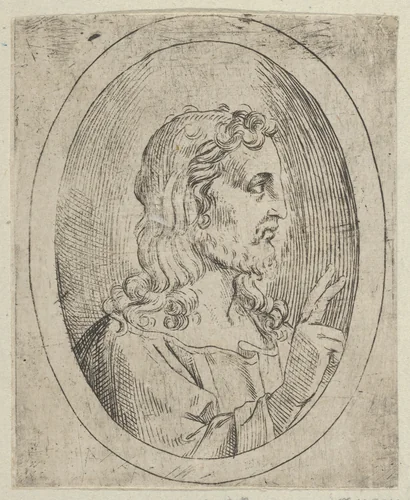 Christ seen in profile facing right, making the sign of blessing with his right hand, in an oval frame, from "Christ, the Virgin, and Thirteen Apostles" by anonymous, print, 1595-1645