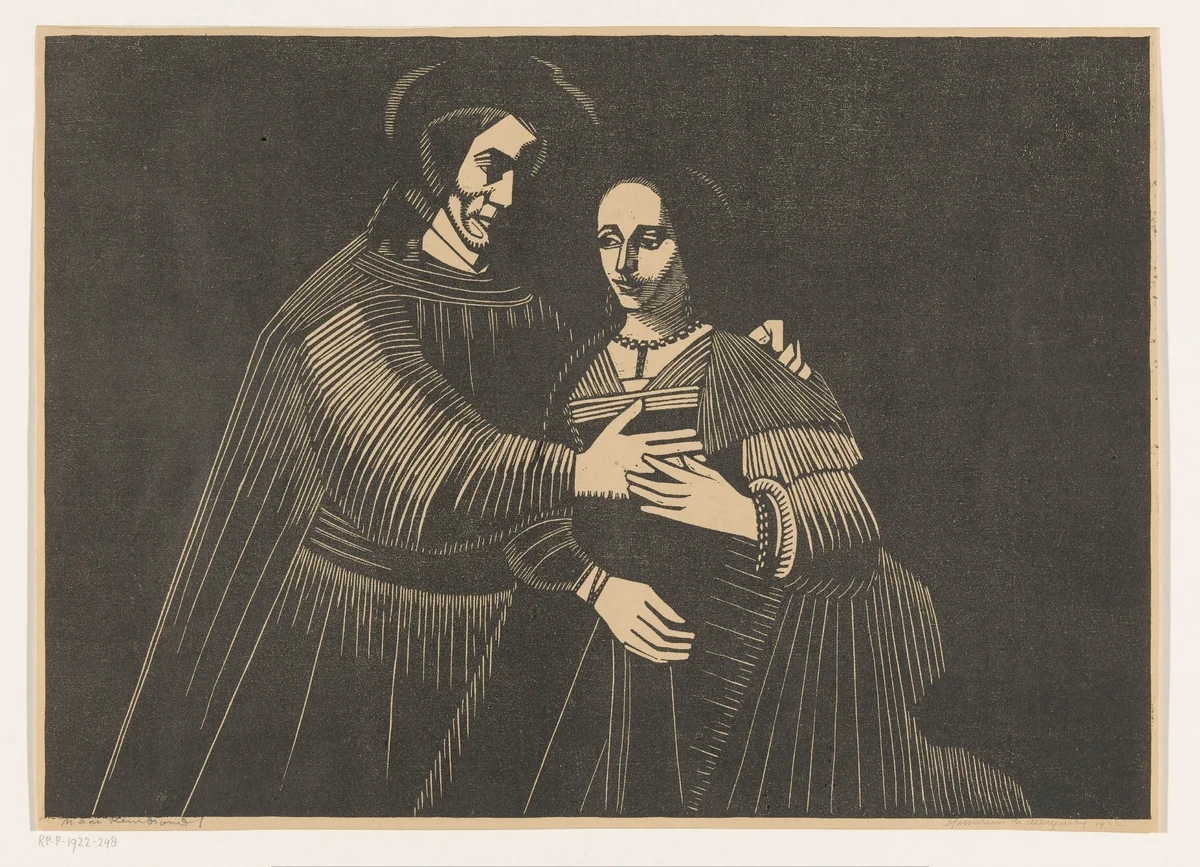 Portret van een paar als Oud-Testamentische figuren, genaamd 'Het Joodse bruidje' by Samuel Jessurun de Mesquita, print, 1922