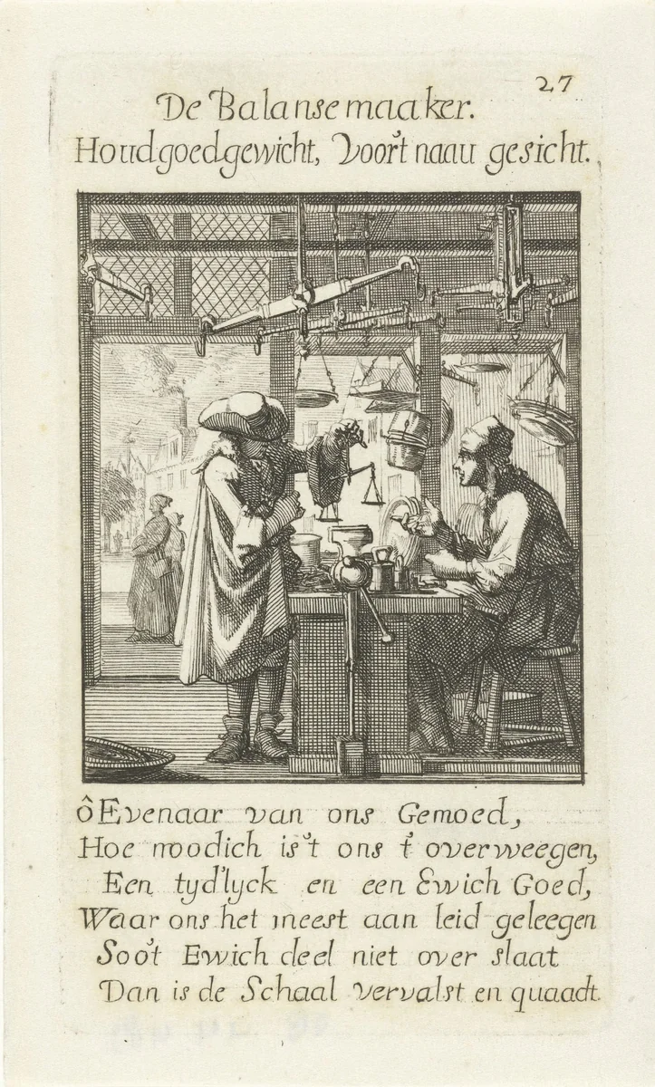 Weegschaalmaker by Jan Luyken, print, 1694