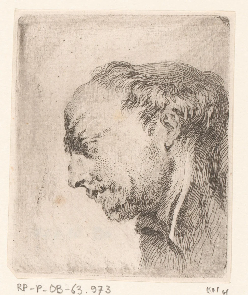 Hoofd van een kalende man by Jacques-Philippe Le Bas, print, 1736