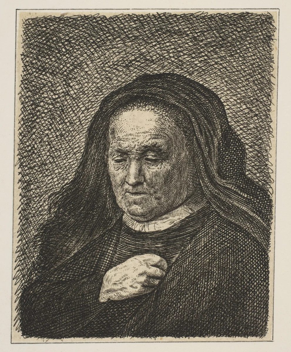 The Artist's Mother with Her Hand on Her Chest by Rembrandt van Rijn, print, 1720-1775