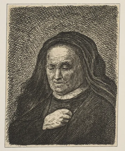 The Artist's Mother with Her Hand on Her Chest by Rembrandt van Rijn, print, 1720-1775