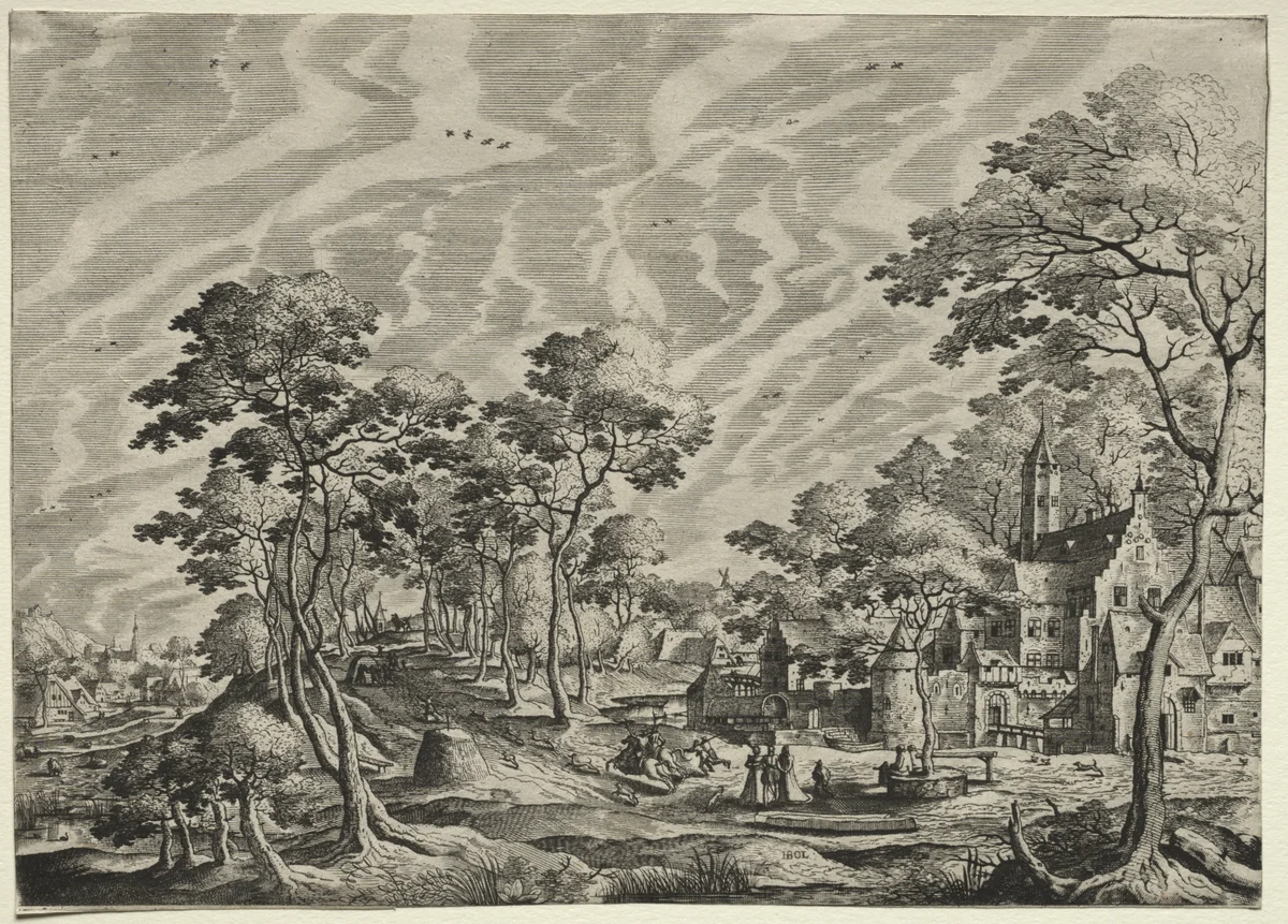 Landscape with a Chateau at the right by Hans Bol, print, 1630