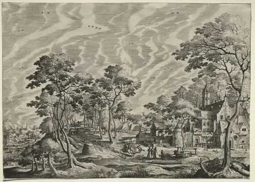 Landscape with a Chateau at the right by Hans Bol, print, 1630