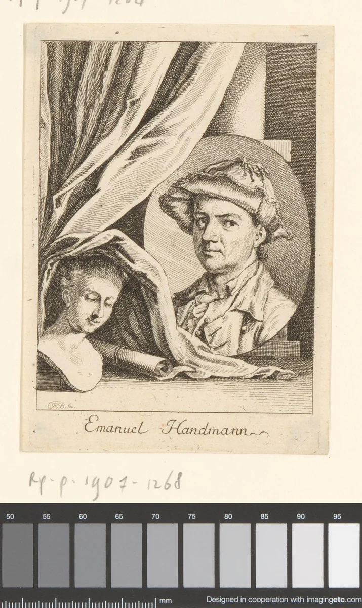 Portret van Emanuel Handmann by Johann Rudolph Schellenberg, print, 1750-1806