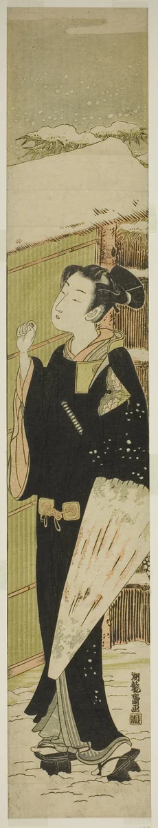 Young Man with Umbrella Knocking on Gate in Snow by Isoda Koryusai, print, 1769-1779