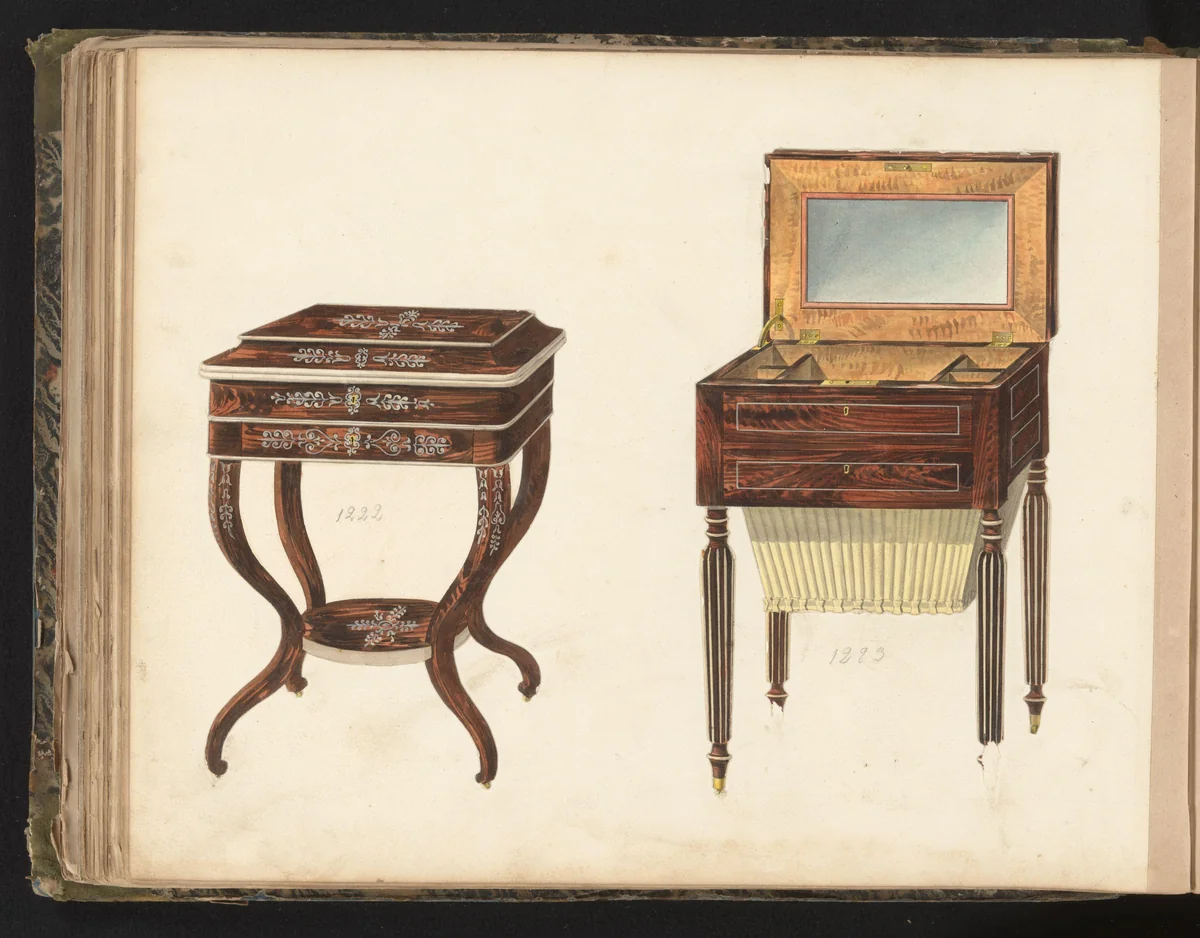 Twee ontwerpen voor toilettafels by anonymous, drawing, 1825-1839