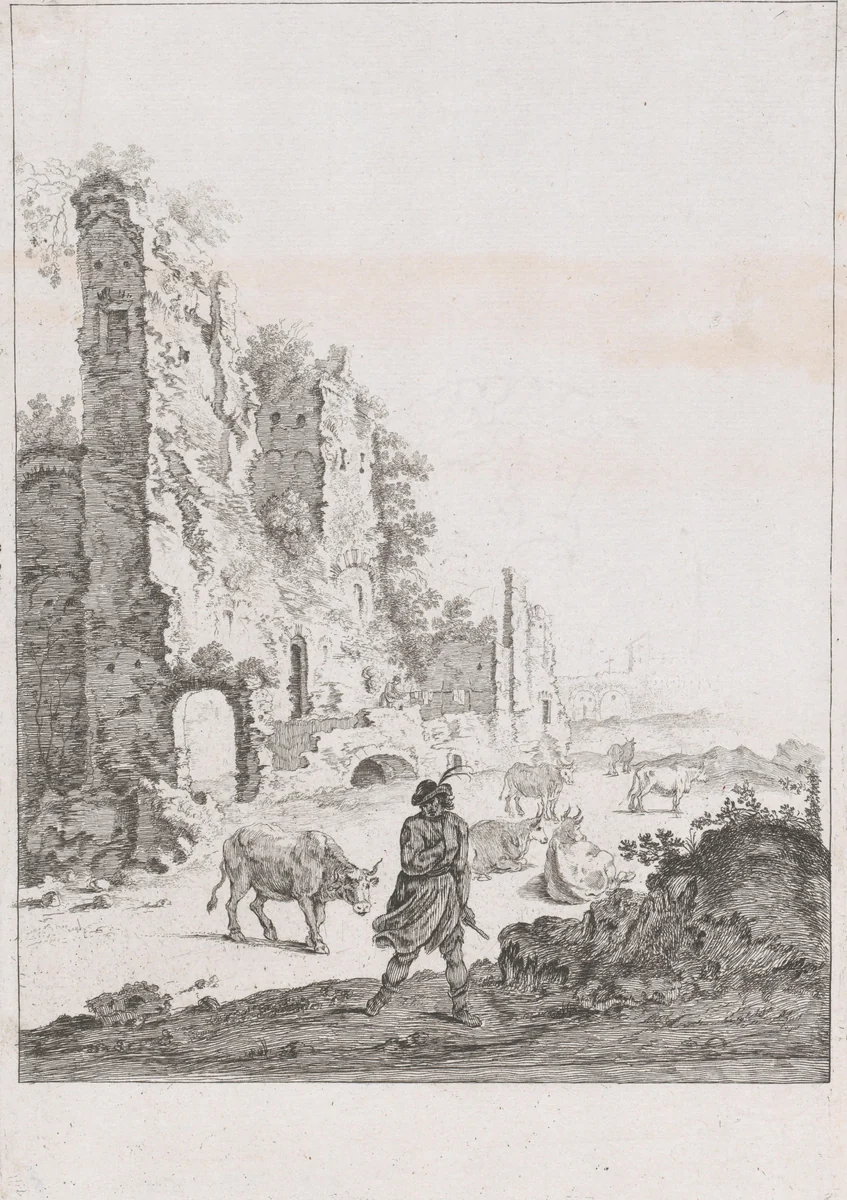 Kudde runderen bij ruïne by anonymous, print, 1620-1664