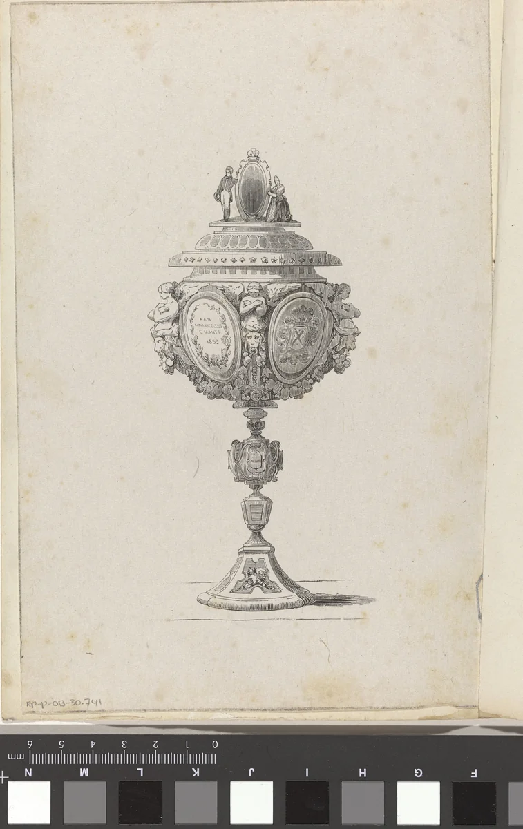 Gedachtenisbeker ter ere van het 50-jarig jubileum van Marcellus Emants als rentmeester van het Burgerweeshuis en de Fundatie van Renswoude te De Haag by Isaac Weissenbruch, print, 1853-1855