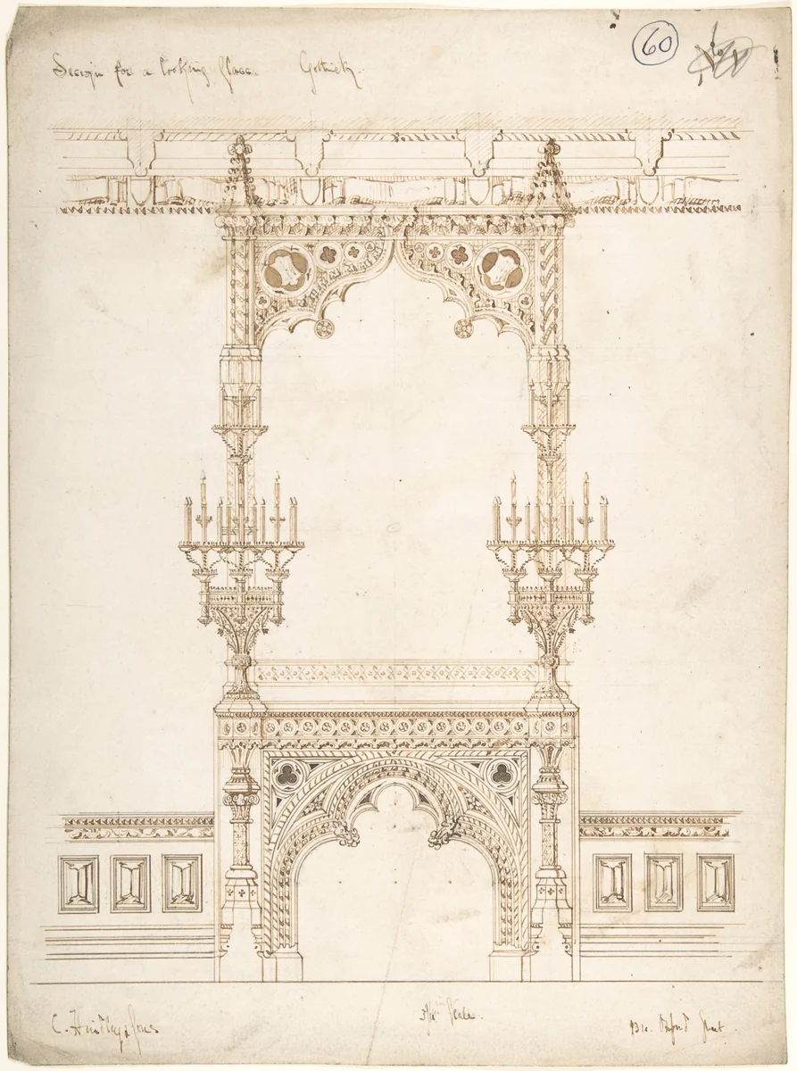 Design for a Gothic Mirror by Charles Hindley and Sons, drawing, 1841-1884