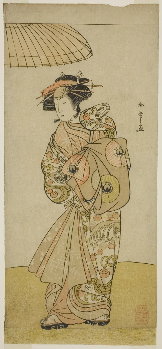 The Actor Ikushima Daikichi III as the Courtesan Naniwazu in the Play Saki Masuya Ume no Kachidoki, Performed at the Ichimura Theater in the Eleventh Month, 1777 by Katsukawa Shunsho (勝川 春章), print, 1772-1782