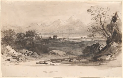 Landscape with Ruins by John Varley, drawing, 1778-1842