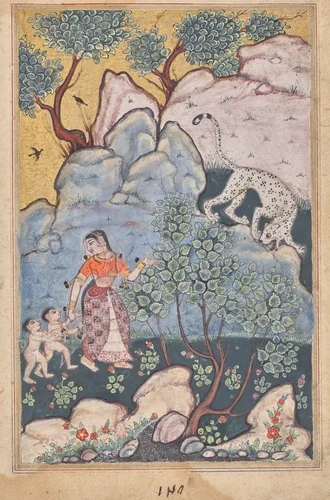 A woman with two children, having abandoned her home, goes into the forest where she encounters a leopard, from a Tuti-nama (Tales of a Parrot): Thirtieth Night by Unknown, painting, 1555-1565