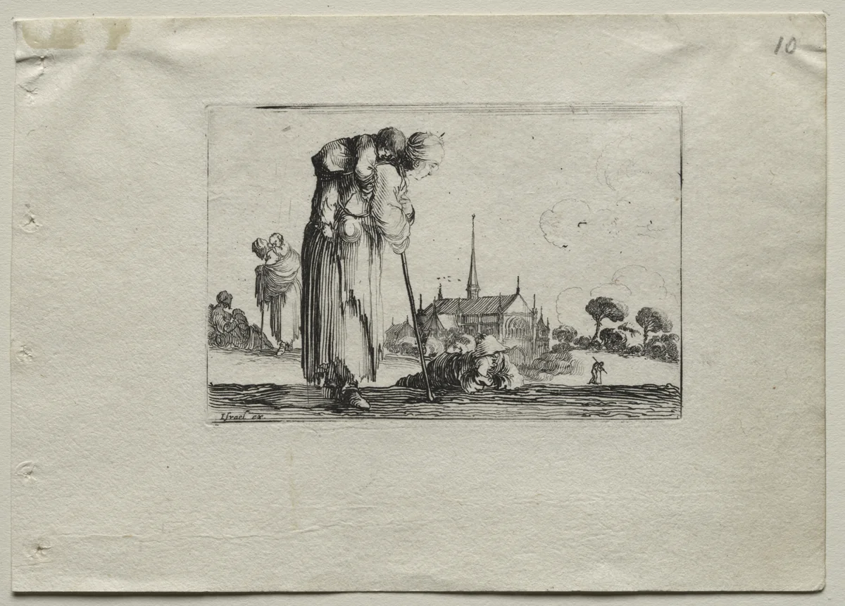 Caprices: Standing Beggar Woman Carrying a Child on her Back by Stefano della Bella, print, 1637-1647