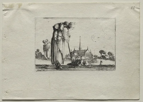 Caprices: Standing Beggar Woman Carrying a Child on her Back by Stefano della Bella, print, 1637-1647