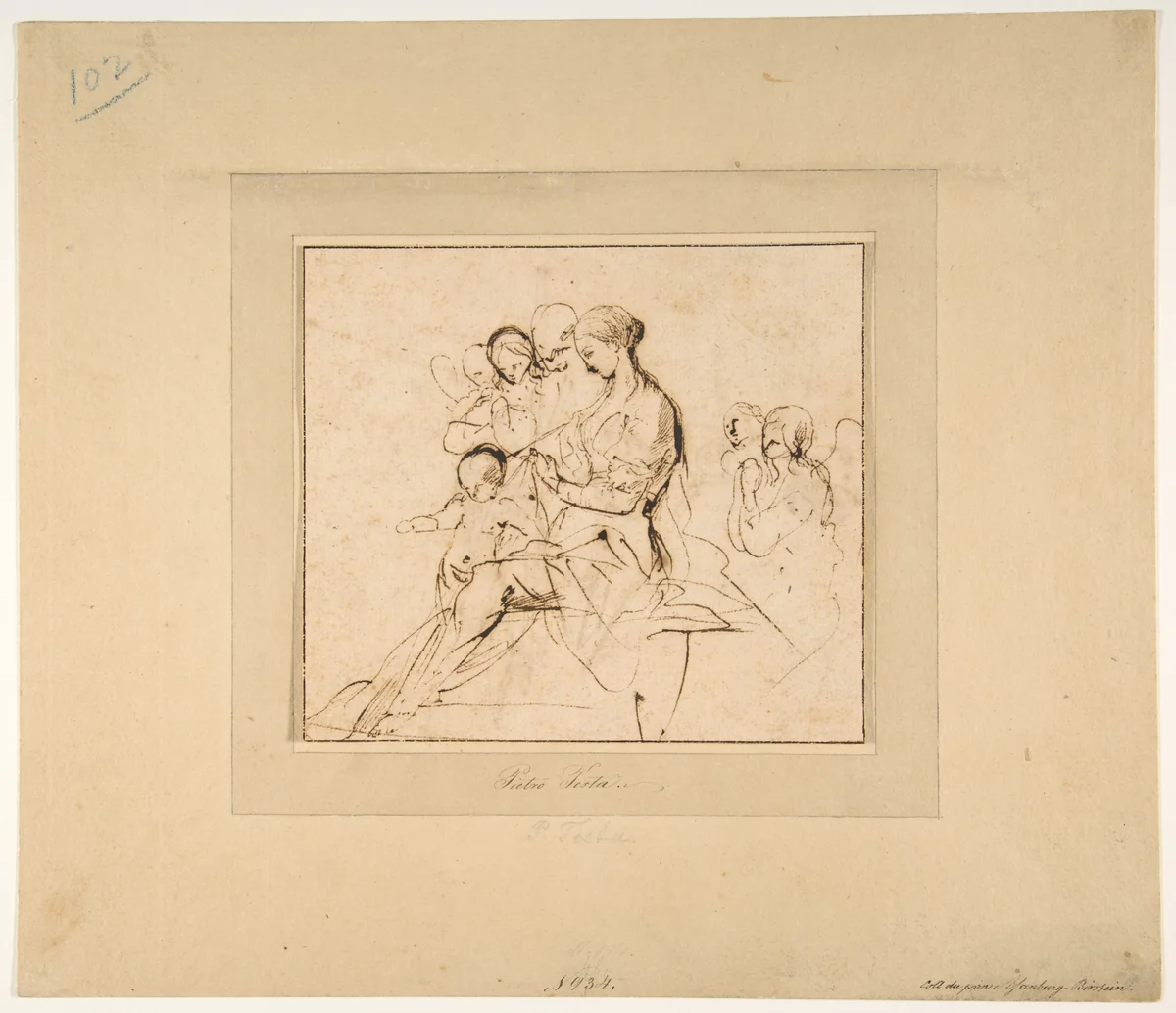The Holy Family with Attendant Angels by Pietro Testa, drawing, 1612-1650