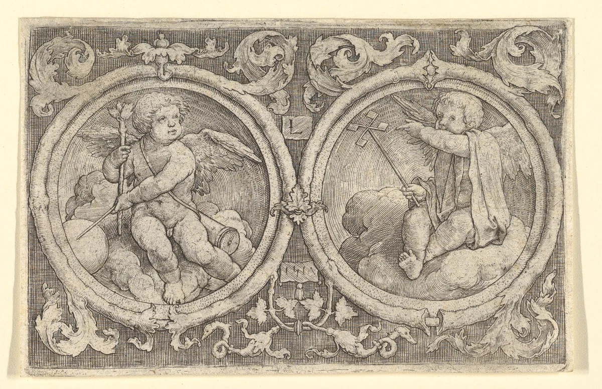 Two Putti Seated in Clouds in Circles with Tendrils by Lucas van Leyden, print, 1517