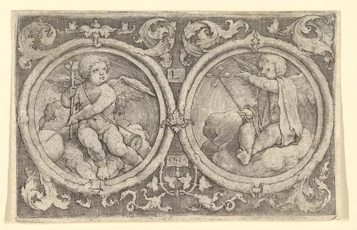 Two Putti Seated in Clouds in Circles with Tendrils by Lucas van Leyden, print, 1517