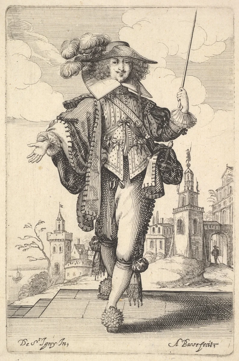 A gentleman walking forward, with his right arm outstretched and a whip in his left hand, wearing a plumed hat and decorated shoes, from "The Garden of the French Nobles In Which One Can Pick Up Their Way of Dressing" by Abraham Bosse, print, 1629