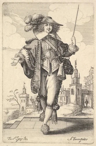 A gentleman walking forward, with his right arm outstretched and a whip in his left hand, wearing a plumed hat and decorated shoes, from "The Garden of the French Nobles In Which One Can Pick Up Their Way of Dressing" by Abraham Bosse, print, 1629