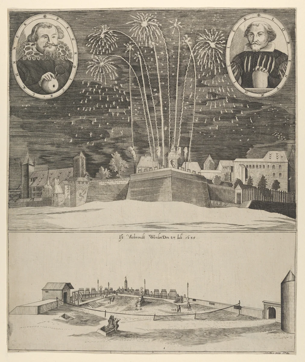 Fireworks display by Lorenz Müller as proof of his mastership, Nuremberg 1635 by anonymous, print, 1635