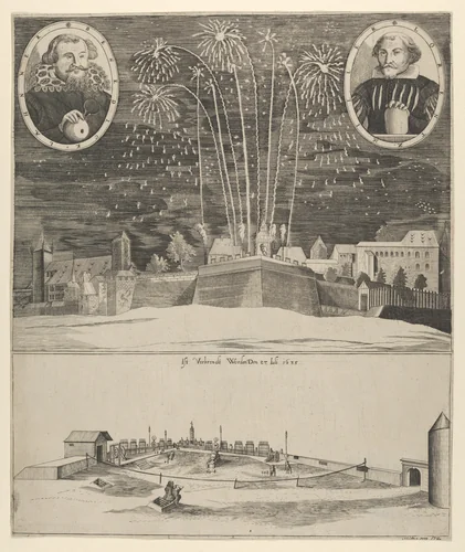 Fireworks display by Lorenz Müller as proof of his mastership, Nuremberg 1635 by anonymous, print, 1635