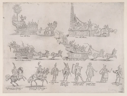 Le Chars et Les Personnages (The Chariots and The Characters), from "La Guerre d'Amour" (Guerra d'Amore) (War of Love) by Jacques Callot, print, 1615