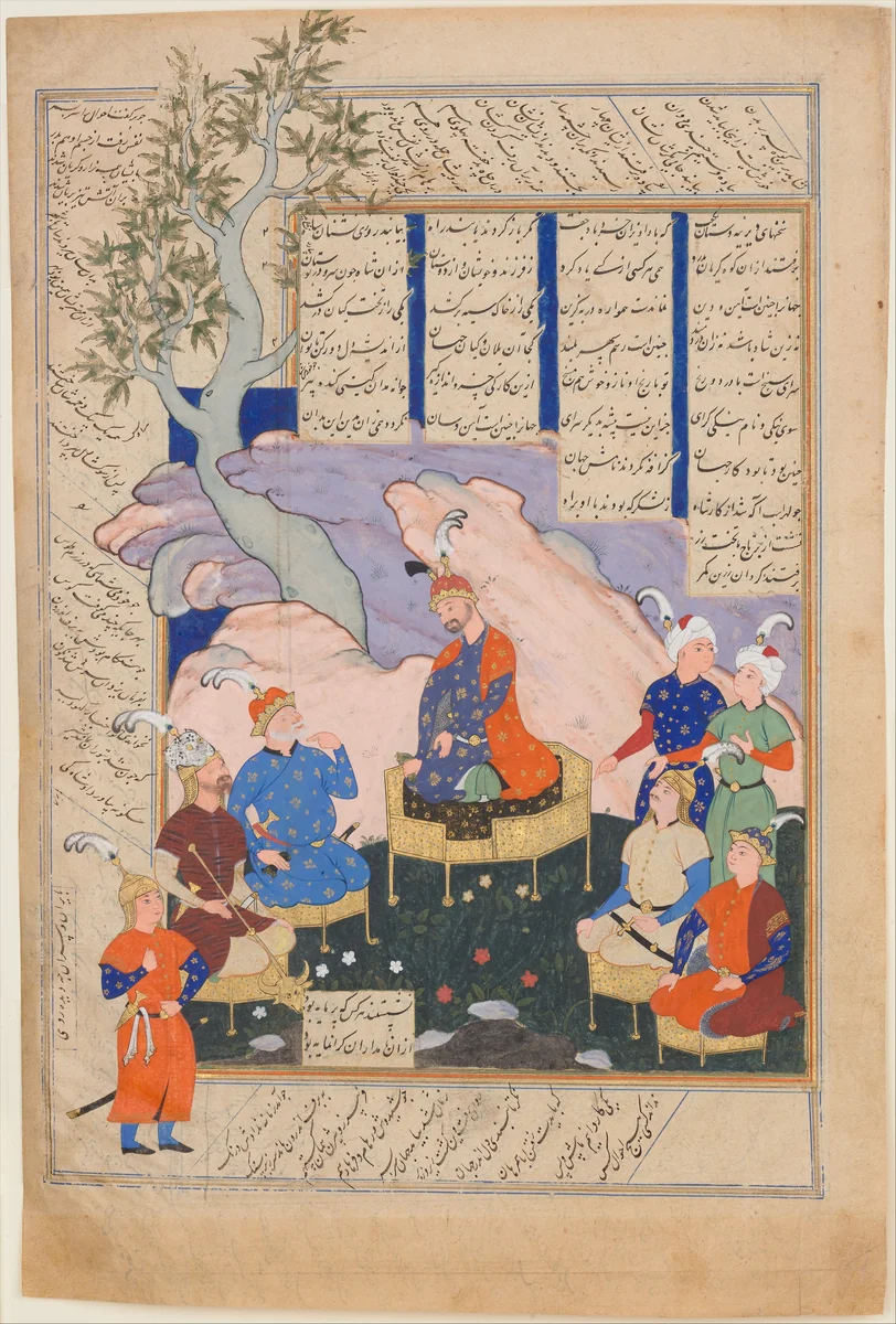 "Luhrasp Hears from the Returning Paladins of the Vanishing Kai Khusrau", Folio from a Shahnama (Book of Kings) of Firdausi by Abu'l Qasim Firdausi, manuscript, 1551-1602