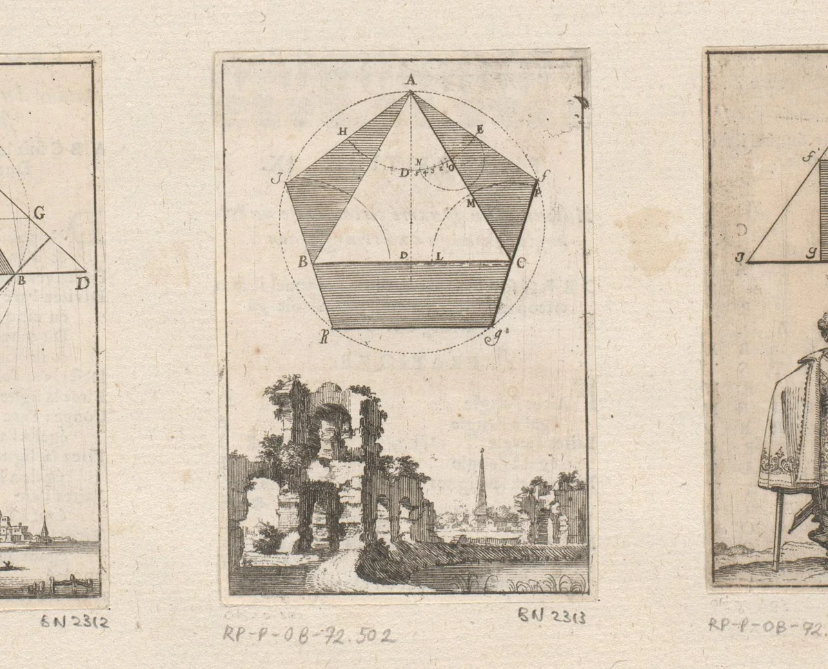 Vijfhoek rond een gelijkbenige driehoek met onderaan ruïnes by Sébastien Leclerc, print, 1669