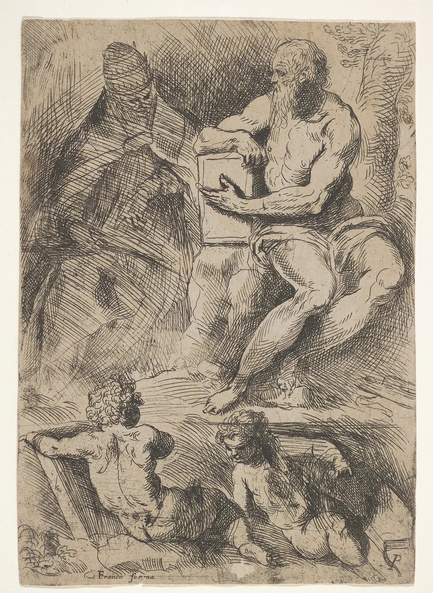 Sheet of studies with St. Jerome, seated at right and resting his right forearm on a book, at left an ecclesiastical figure wearing a cope and miter, and at bottom two putti by Jacopo Palma, print, 1570-1628