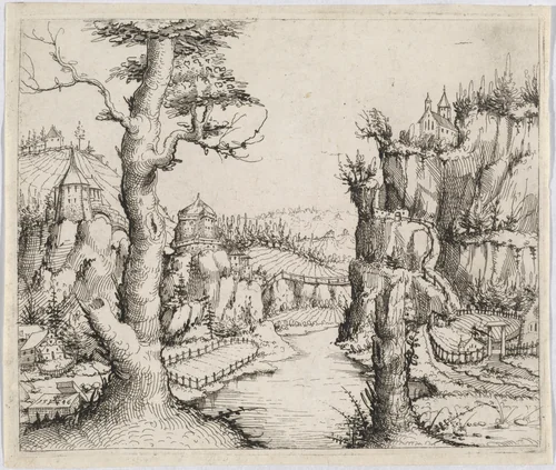 River Landscape with High Cliffs by Augustin Hirschvogel, print, 1546