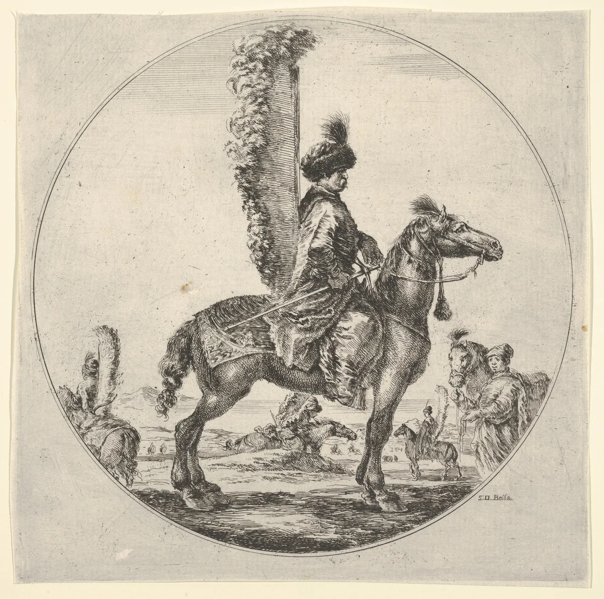 Polish hussar in profile facing right with wings attached to his back, a circular composition, from "Figures on Horseback" (Cavaliers nègres, polonais et hongrois) by Stefano della Bella, print, 1648-1653