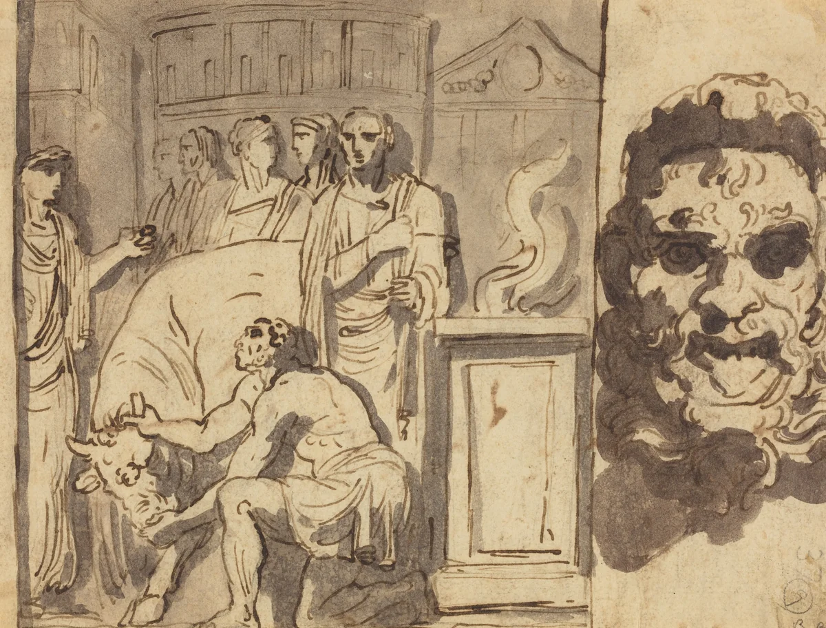 Ancient Sacrifice and Head of a Satyr by Felice Giani, drawing, 1758-1823