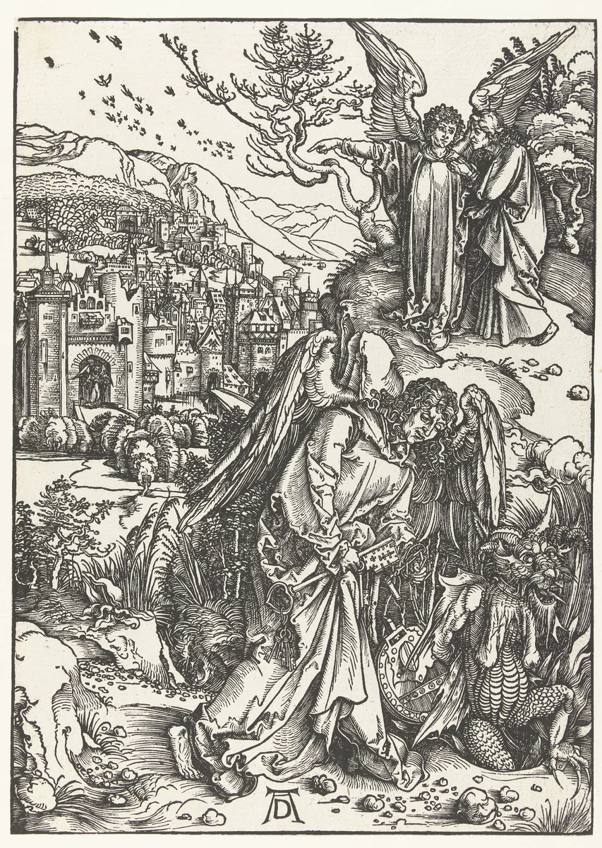 Een engel werpt een draak in een put; een engel toont Johannes de Evangelist het nieuwe Jeruzalem by Unknown, print, 1497-1498