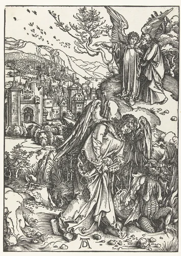 Een engel werpt een draak in een put; een engel toont Johannes de Evangelist het nieuwe Jeruzalem by Unknown, print, 1497-1498