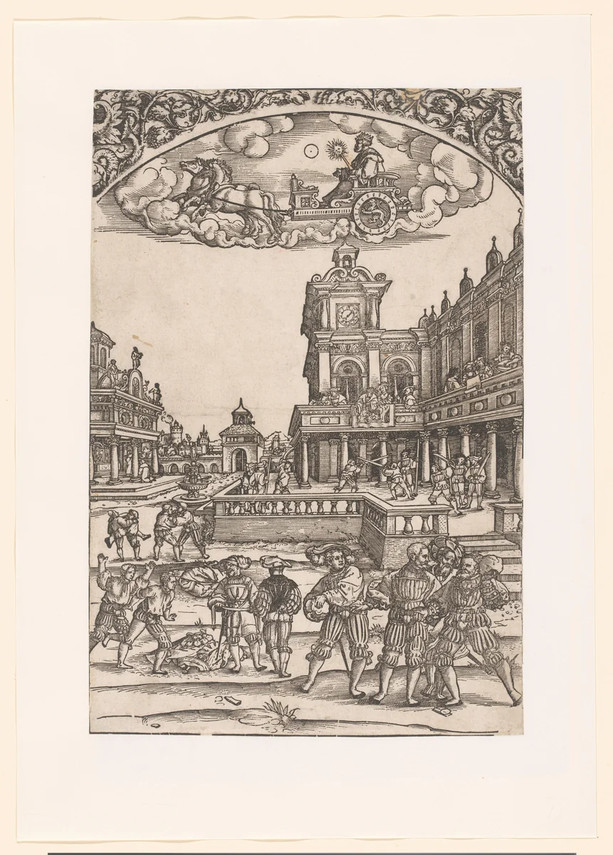 Sol in zijn triomfwagen, daaronder zijn planeetkinderen by anonymous, print, 1510-1550