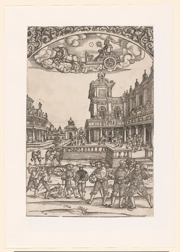 Sol in zijn triomfwagen, daaronder zijn planeetkinderen by anonymous, print, 1510-1550