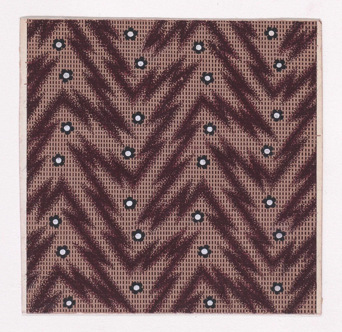 Textile Design with Rosettes and Pearls over a Checked Background with Zig-Zagging Lines by anonymous, drawing, 1840