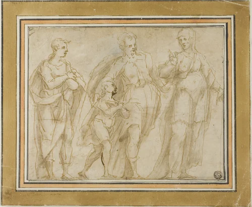 Departure of Tobit (recto); Sketch of Crucifixion (verso) by There is no artist's name present in the input text., drawing, 1580-1599