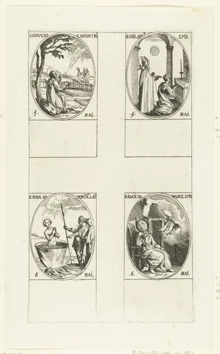 Heilige Augustinus van Hippo, Heilige Hilarius van Arles, Heilige Johannes de Evangelist, Heilige Johannes Damascenus (5-6 mei) by Jacques Callot, print, 1632-1636