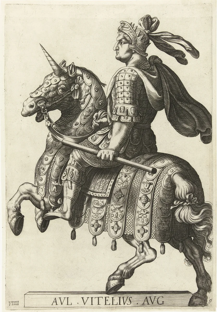Ruiterportret van keizer Vitellius by Laurens Eillarts, print, 1616-1620